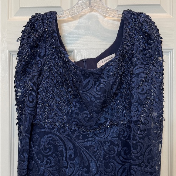 NWT Mac Duggal 11187 Blue Embroidered Lace Applique Shoulder Detail Trumpet Gown - Picture 5 of 10